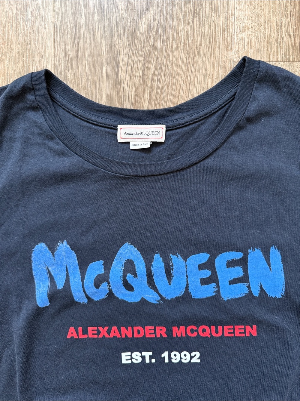 Alexander McQueen Black Tee with Blue McQueen Script and Red Brand - Picture 2 of 3